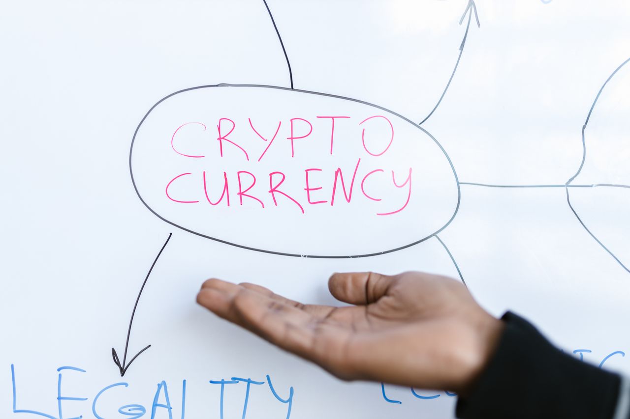 Services-03 Close-up of a hand gesturing at a cryptocurrency diagram on a whiteboard, highlighting crypto concepts.